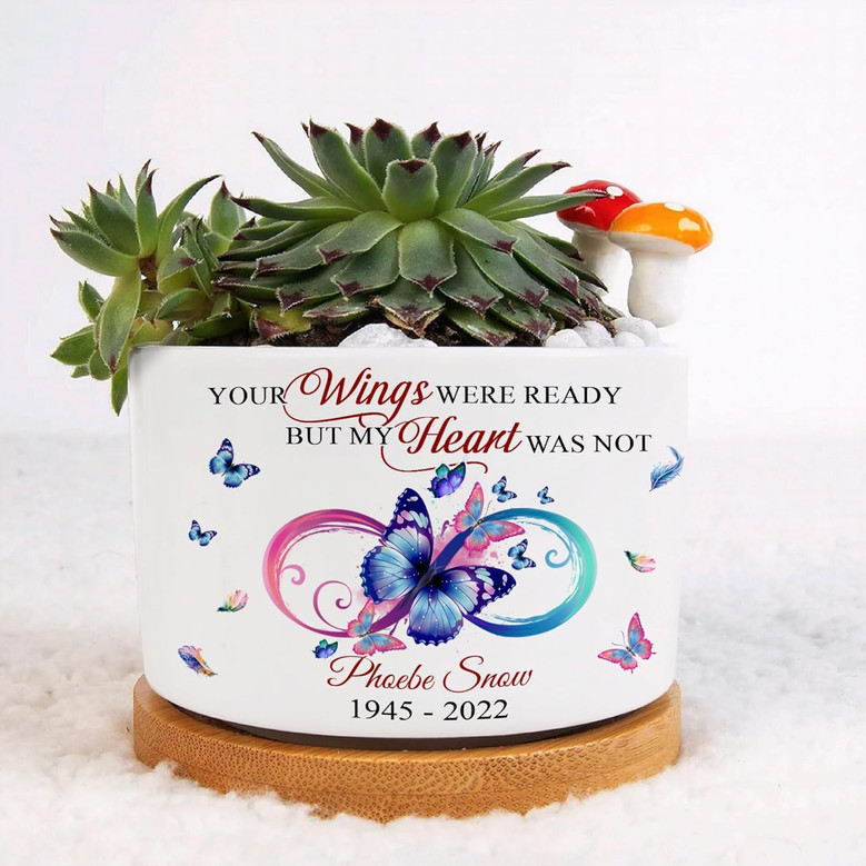 Personalized Memorial Ceramic Plant Pot – Custom Christian Sympathy Flower Planter with Tray and Name for Loss of Loved One