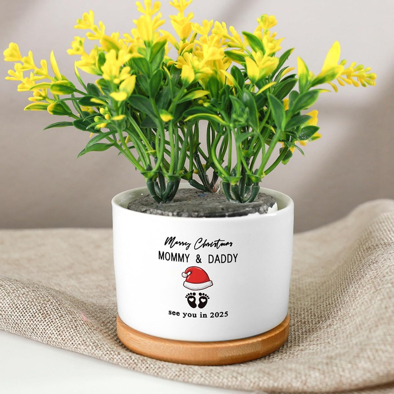 Merry Christmas Mommy and Daddy Ceramic Plant Pot – Baby Announcement Succulent Planter with “See You in 2025” Message