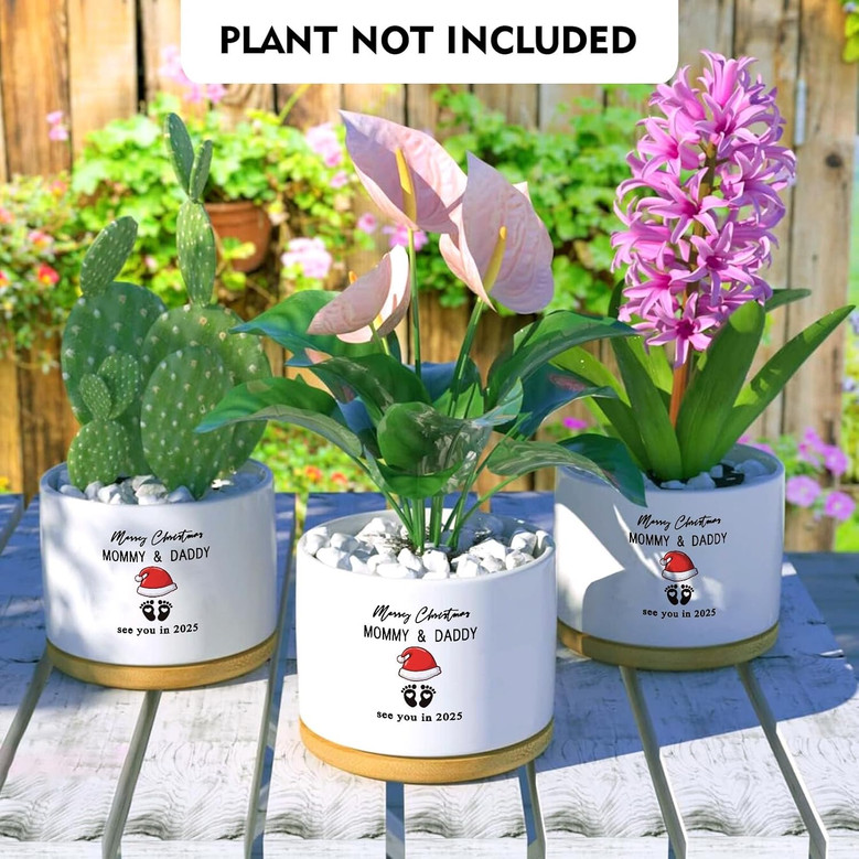 Merry Christmas Mommy and Daddy Ceramic Plant Pot – Baby Announcement Succulent Planter with “See You in 2025” Message