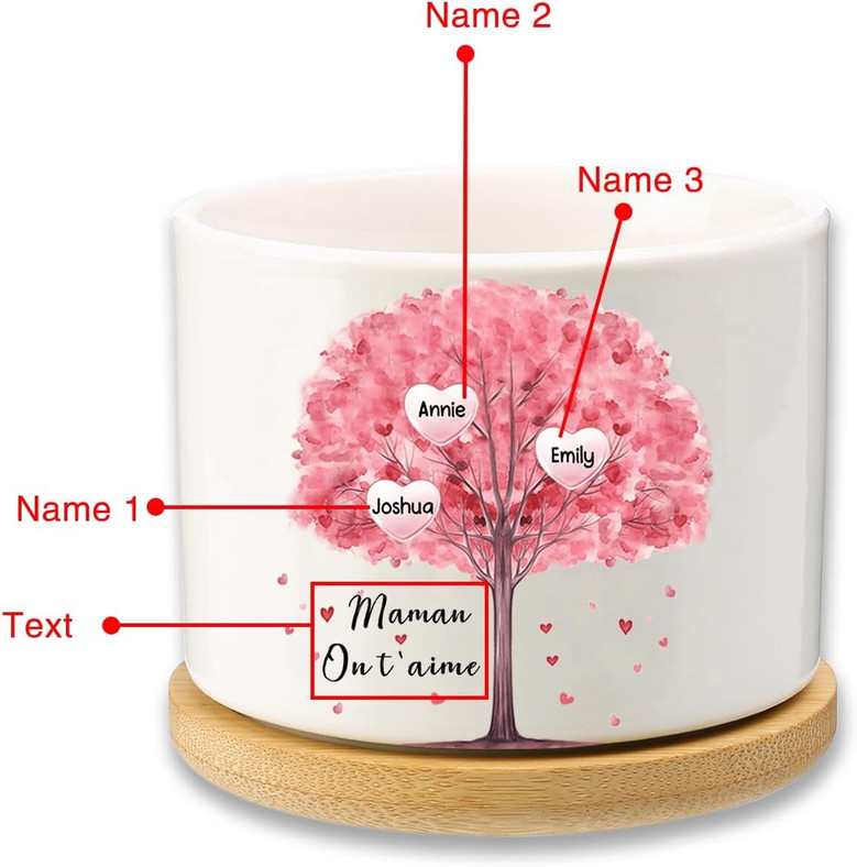 Personalised Family Tree Ceramic Flower Pot – Custom Engraved Planter Gift for Mum with Kids' Names, Mother's Day Succulent Pot