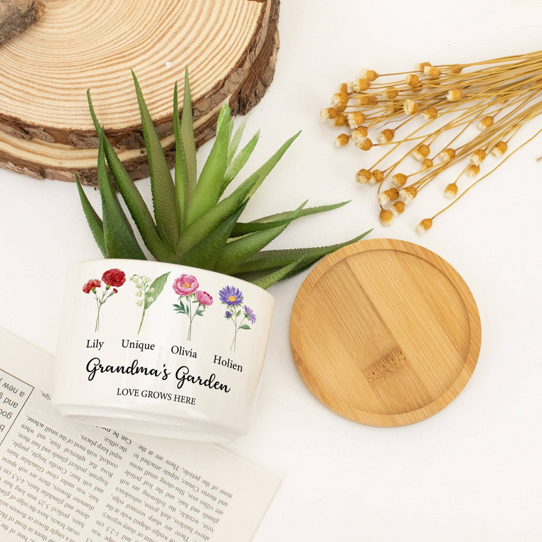 Thoughtful Grandma's Garden Ceramic Plant Pot – Gift For Mom With Birth Flower Customization For Outdoor DéCor
