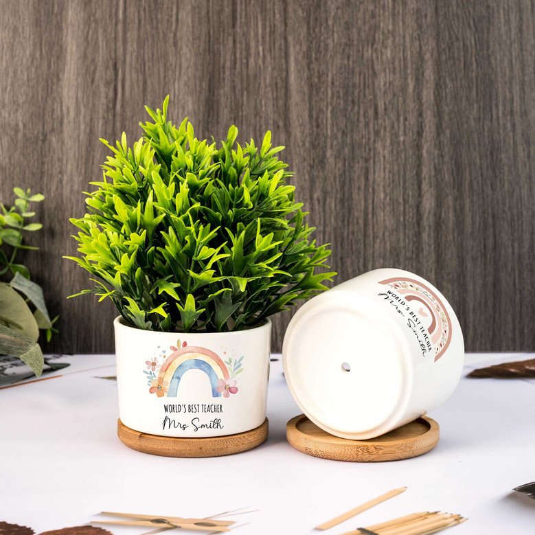 Heartfelt Thank You Ceramic Plant Pot For Teachers – Cute Rainbow Design, Personalized End Of Year Gift