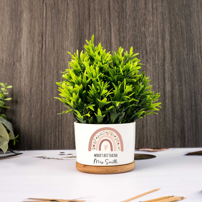 Heartfelt Thank You Ceramic Plant Pot For Teachers – Cute Rainbow Design, Personalized End Of Year Gift