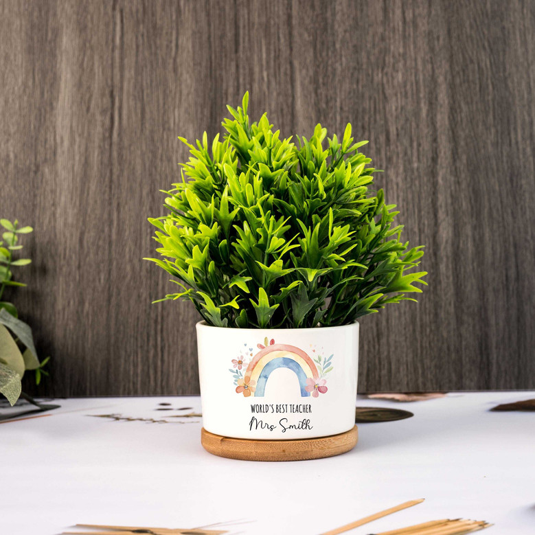 Heartfelt Thank You Ceramic Plant Pot For Teachers – Cute Rainbow Design, Personalized End Of Year Gift