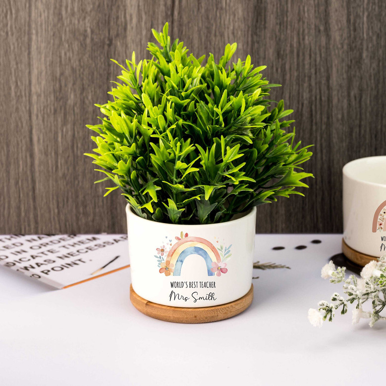 Heartfelt Thank You Ceramic Plant Pot For Teachers – Cute Rainbow Design, Personalized End Of Year Gift