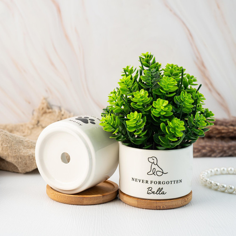 Personalized Pet Memorial Ceramic Plant Pot For Pet Lover - Sympathy Gift With Dog Paw Design