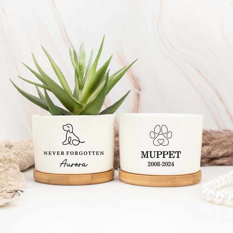Personalized Pet Memorial Ceramic Plant Pot For Pet Lover - Sympathy Gift With Dog Paw Design
