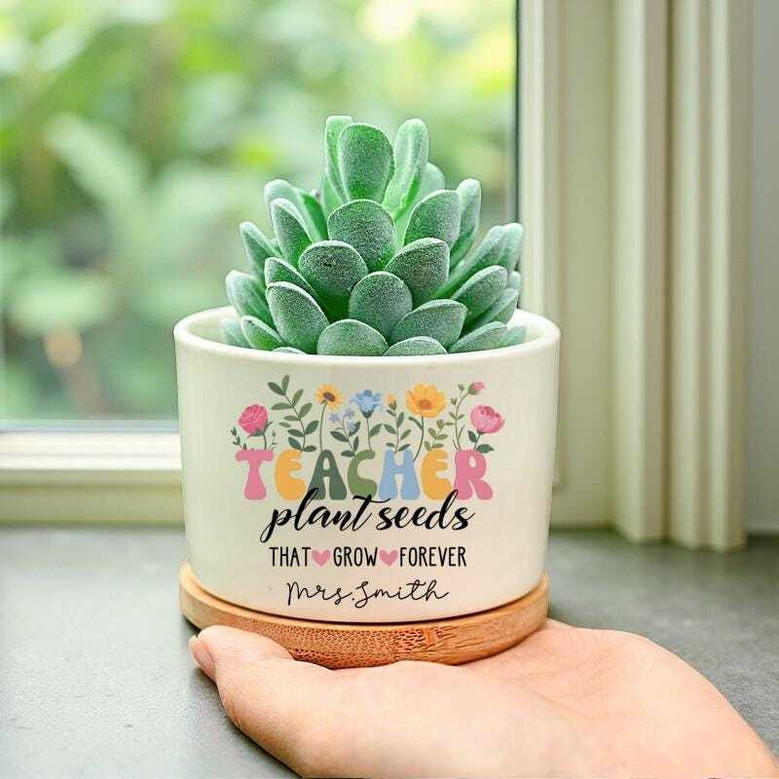 Custom Thank You Teacher Ceramic Plant Pot - Personalized Gift For Teacher Appreciation