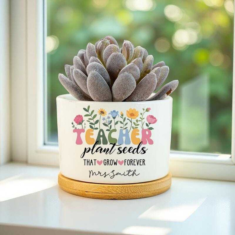 Custom Thank You Teacher Ceramic Plant Pot - Personalized Gift For Teacher Appreciation