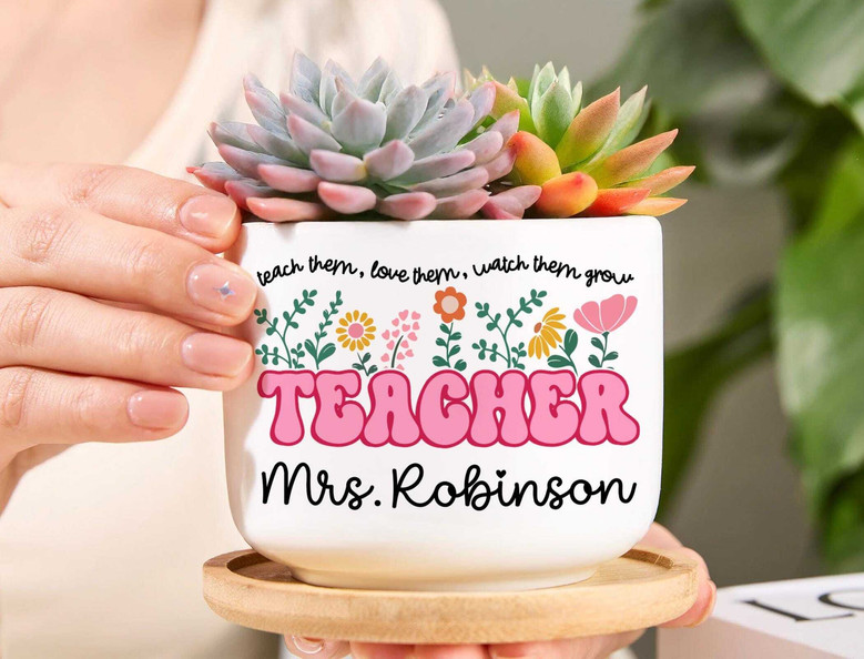 Personalized Thank You Teacher Ceramic Plant Pot With Custom Name - Groovy Desk Decor Gift For Teachers