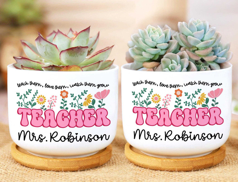 Personalized Thank You Teacher Ceramic Plant Pot With Custom Name - Groovy Desk Decor Gift For Teachers