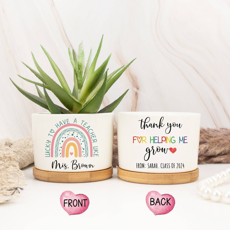 Personalized Thank You Teacher Ceramic Plant Pot - Thoughtful End Of Year Gift For Teacher Appreciation