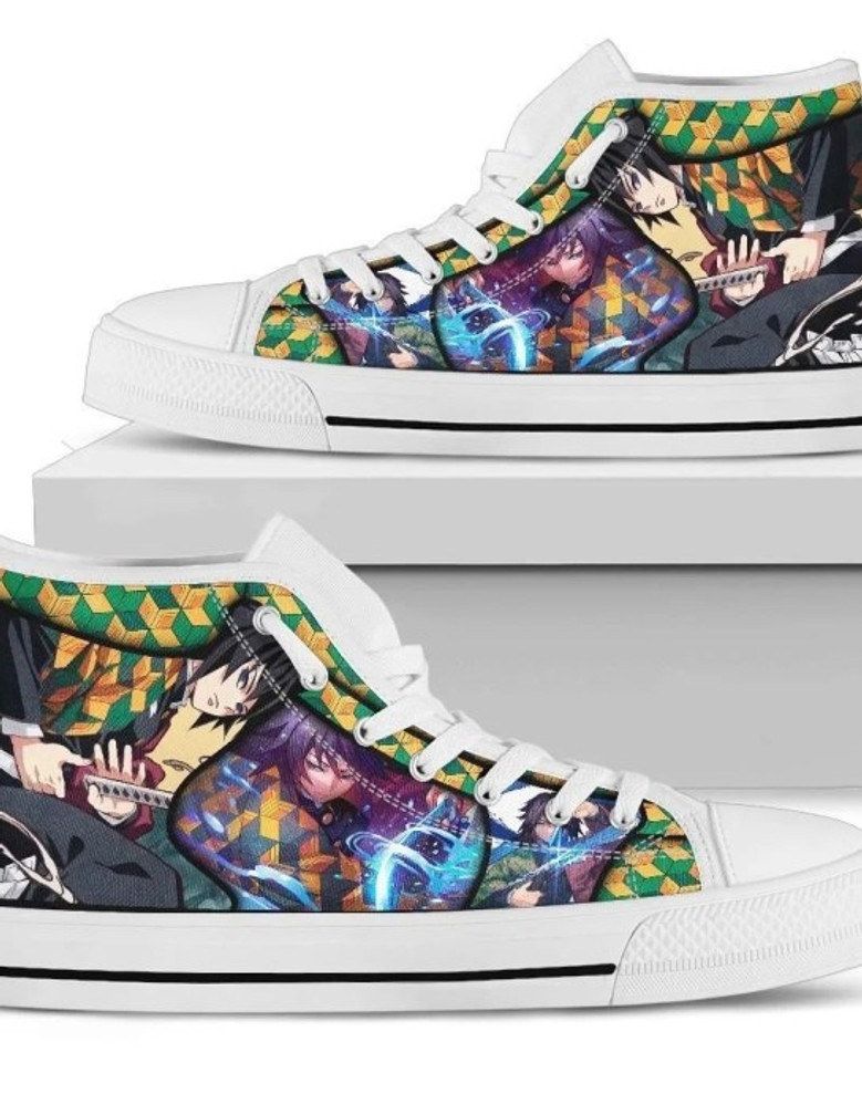Giyuu Demon Slayerアニメ日本デザインアートファン用スニーカーブラックハイトップシューズ男女兼用