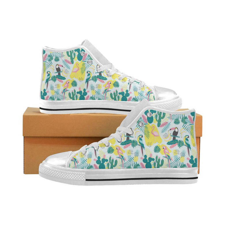 かわいいオウム、ツーカン、フラミンゴ、サボテン、エキゾチックな葉の女性用ハイトップシューズホワイト