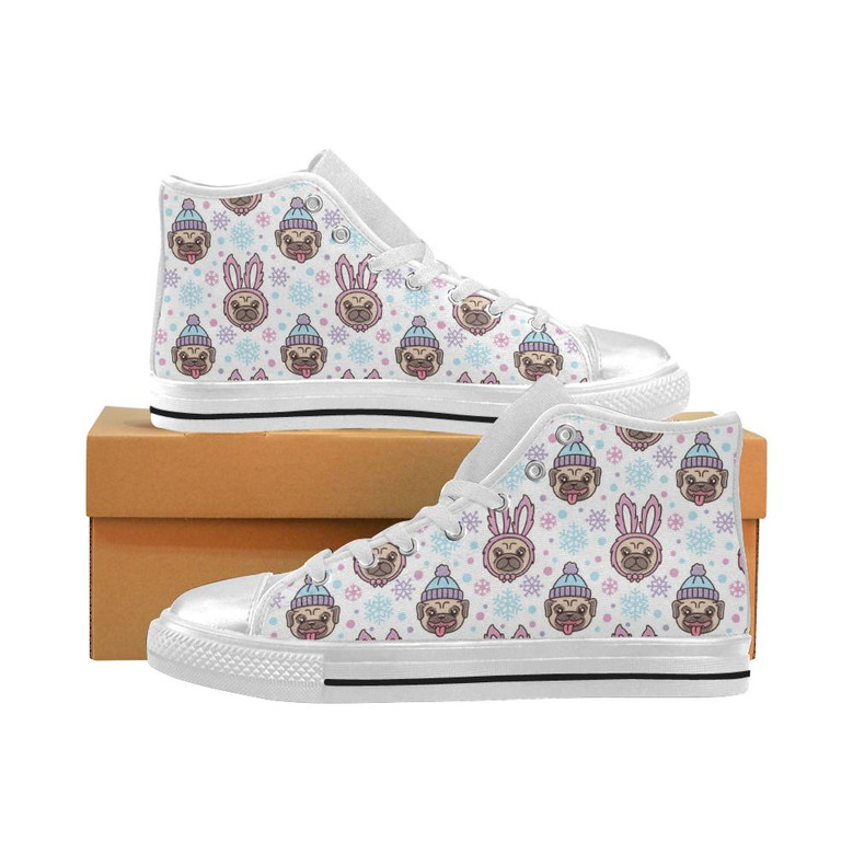 かわいいパグのウサギの衣装のパターンの女性用ハイトップシューズホワイト