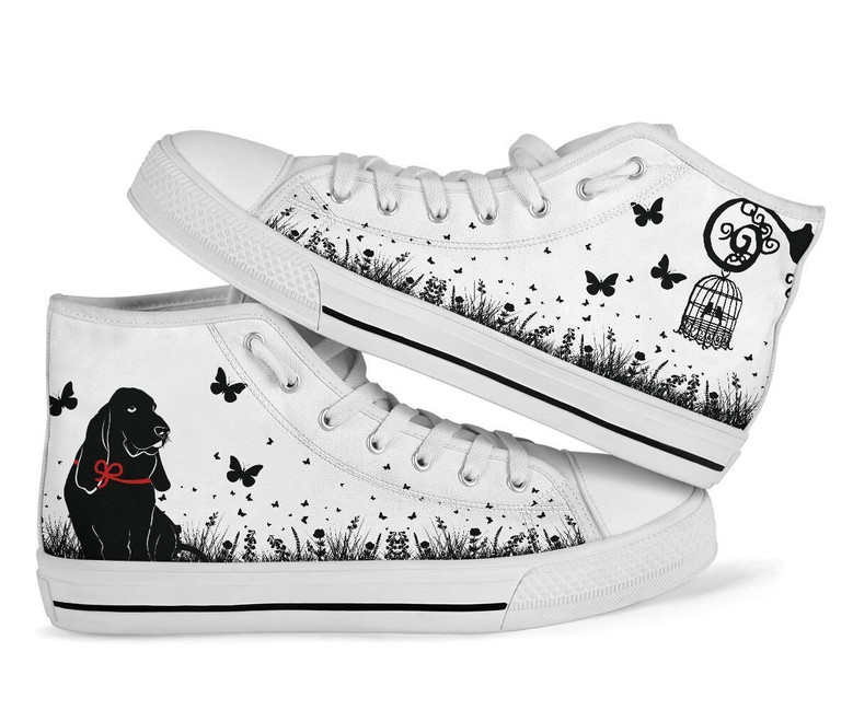 バセットハウンドドリームワールドハイトップシューズ女性用、男性用カスタムシューズ