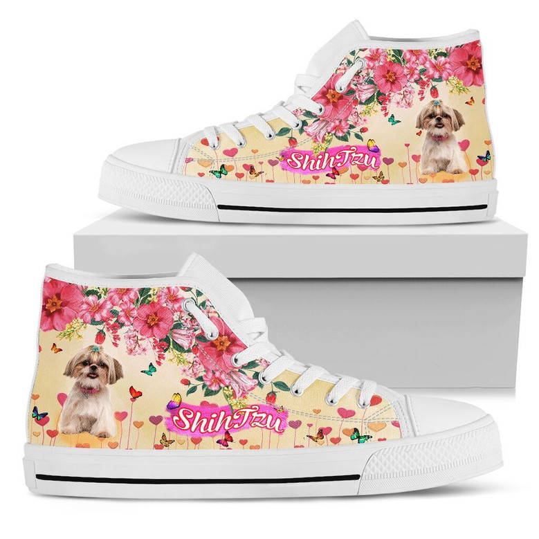 女性用のかわいいシーズー犬の花柄ハイトップシューズ、男性用のカスタムシューズ