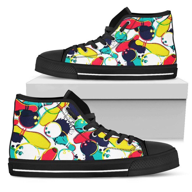 水彩ボウリングボールピンズメンズハイトップシューズブラックピロー