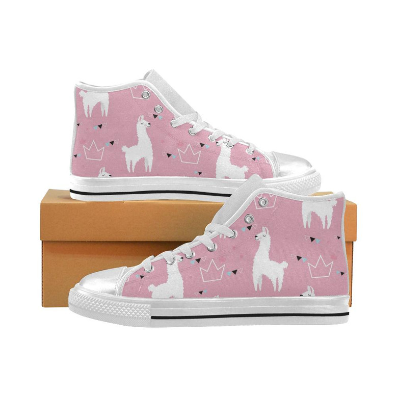 ピンクの背景のラマアルパカ女性用ハイトップシューズホワイト