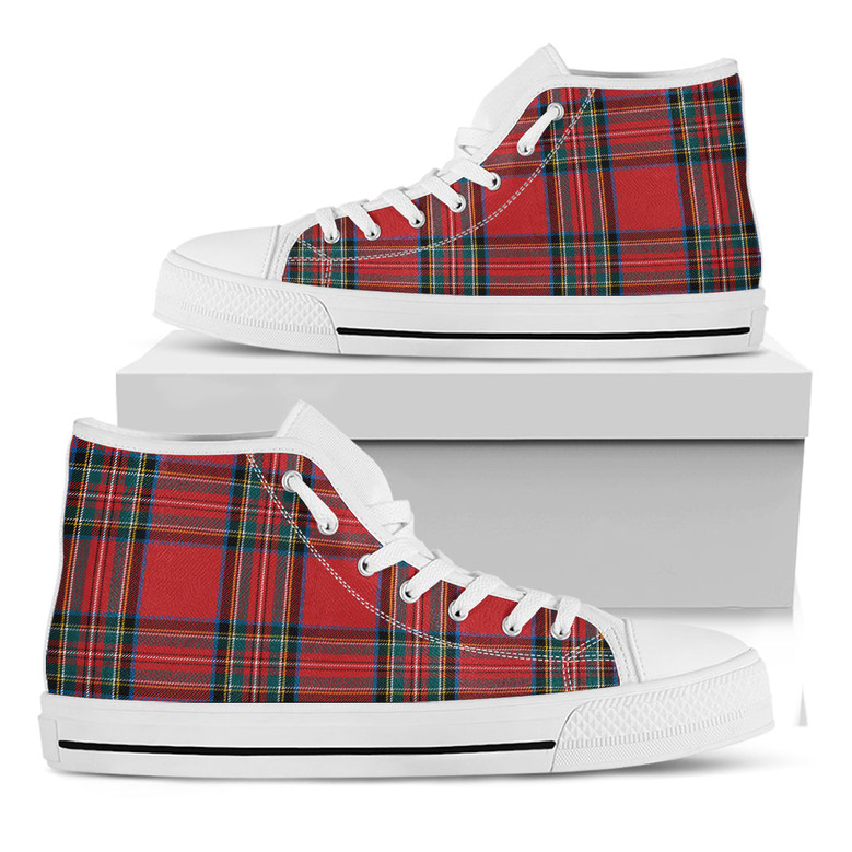Stewart Tartan Scottish Pattern Print White High Top Shoes: スチュワートタータンスコットランドパターンプリントホワイトハイトップシューズ