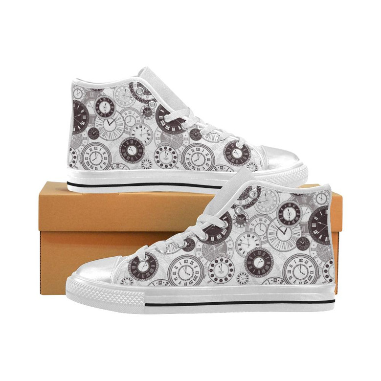 クラシックビンテージ時計柄 女性用ハイトップシューズ ホワイト