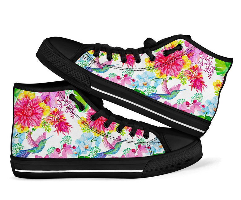 ハミングバードホワイトフローラルドローイングメンズウィメンズハイトップシューズ