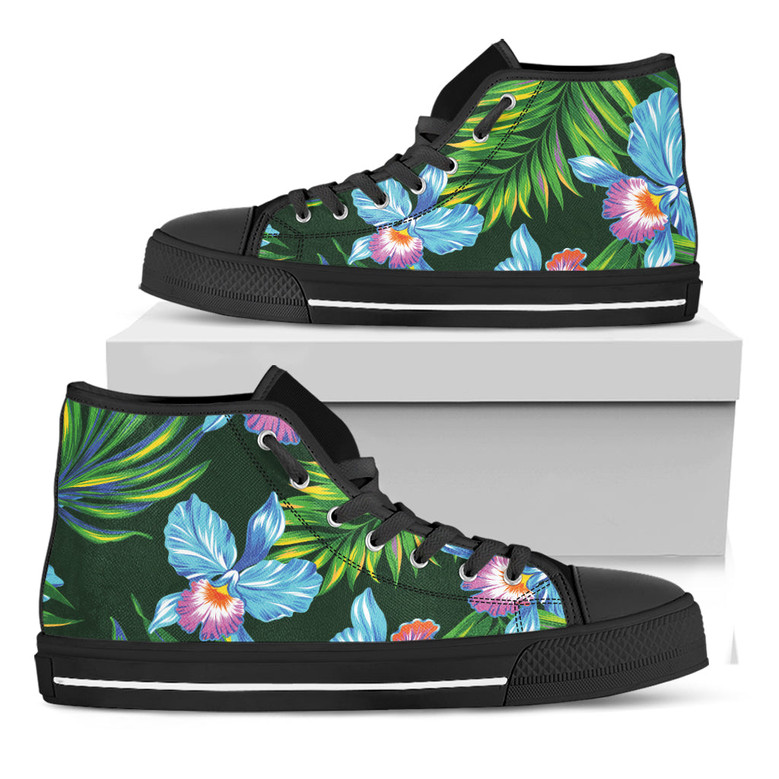 熱帯の蘭の花柄プリント黒ハイトップシューズ