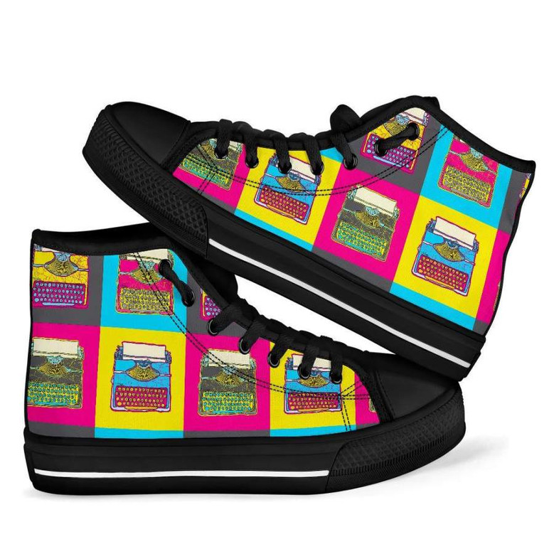 タイプライターパターンプリントメンズウィメンズハイトップシューズ