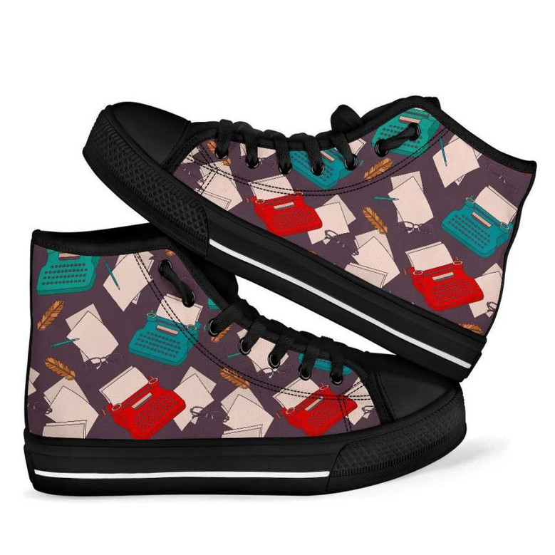 タイプライタープリントパターンメンズウィメンズハイトップシューズ