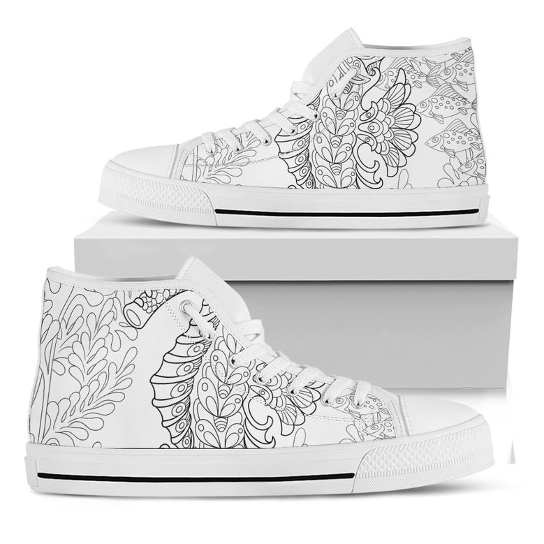 ブラックとホワイトのシーホースプリントホワイトハイトップシューズ