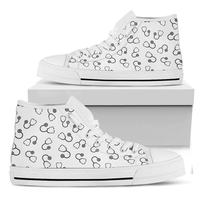 Stethoscope Sign Pattern Print White High Top Shoes: ステソスコープサインパターンプリントホワイトハイトップシューズ