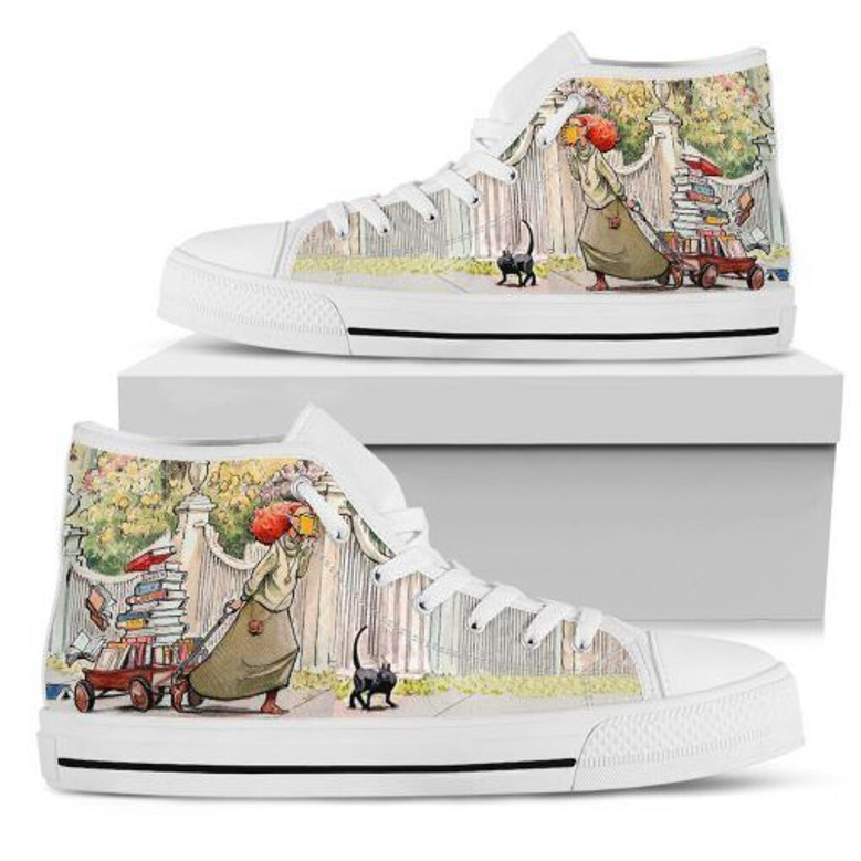 いつでも猫の本を読むハイトップシューズ