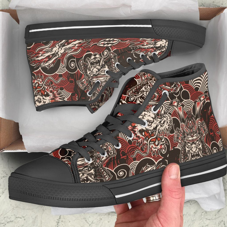 サムライドラゴンビンテージパターンハイトップシューズ
