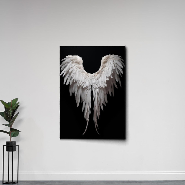 Touching Angel Wings Canvas Art - Black And White Wall Decor For Living Room
