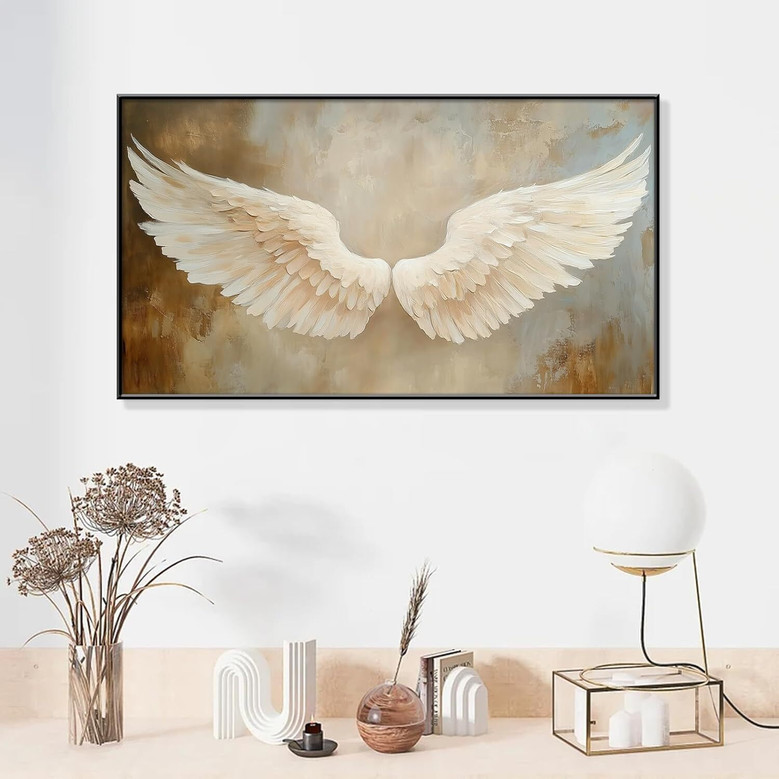 Vintage Angel Wings Canvas Wall Art For Bedroom - White Feather Design