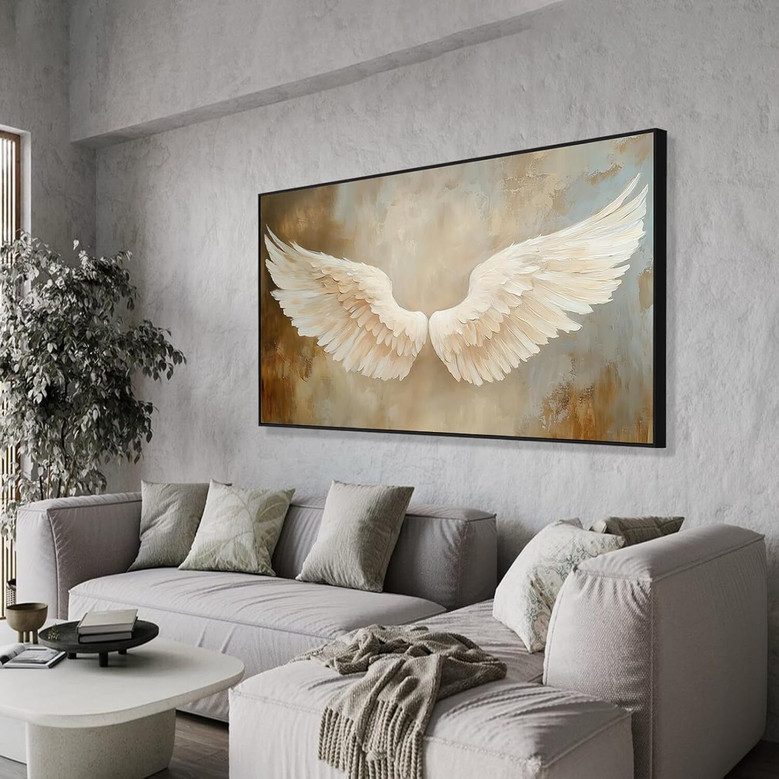 Vintage Angel Wings Canvas Wall Art For Bedroom - White Feather Design