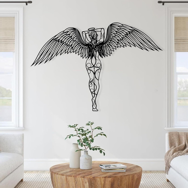 Guardian angel metal wall art sign, large angel wings decor for living room, rustic farmhouse style, ideal housewarming gift
