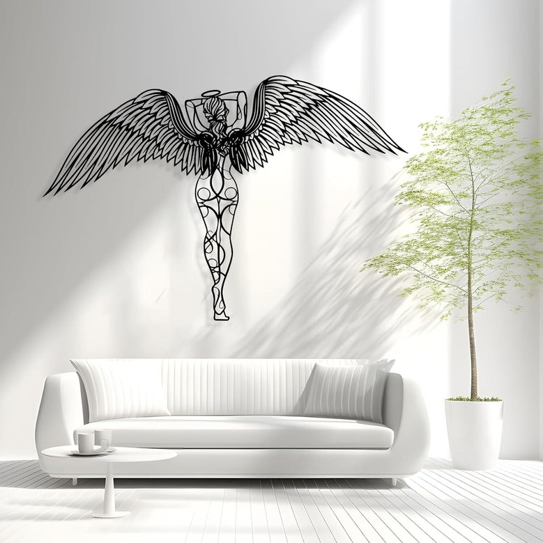 Angel wings metal wall art sign, large guardian angel decor for living room, feather silhouette, housewarming gift