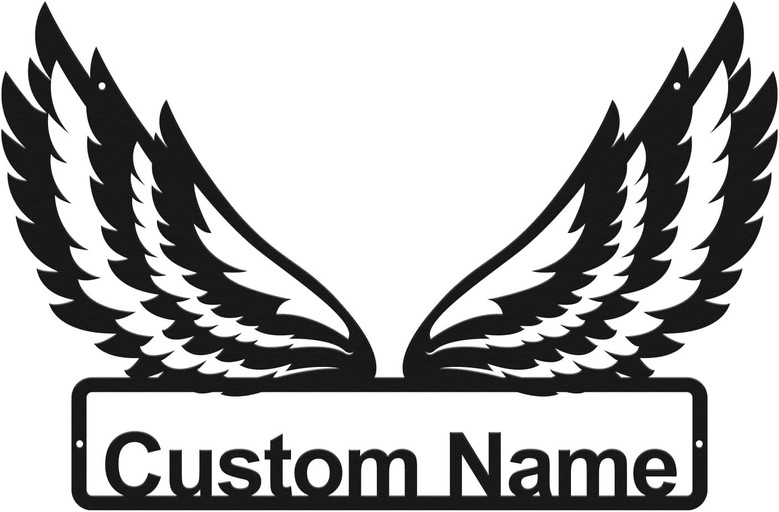 Angel wings metal wall decor with custom name in script, personalized housewarming gift for living room accent wall