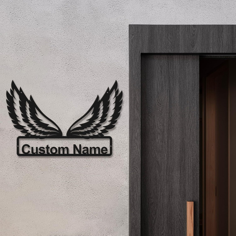 Angel wings metal wall decor, custom name centerpiece, personalized art for living room, heartfelt housewarming gift