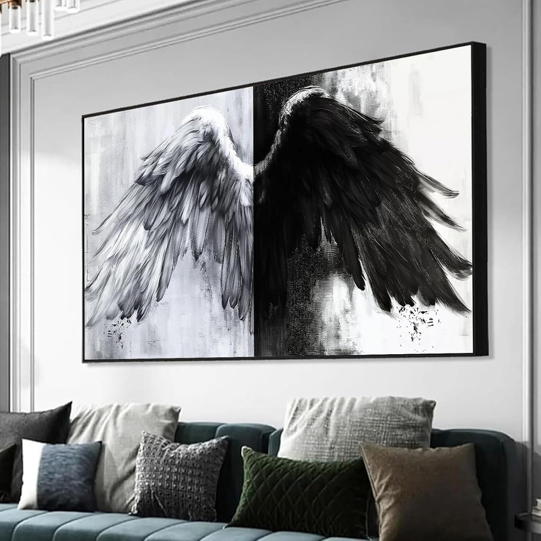 Modern Black & White Angel Wings Canvas Art - Abstract Angel Wing Decor For Living Room Or Bedroom