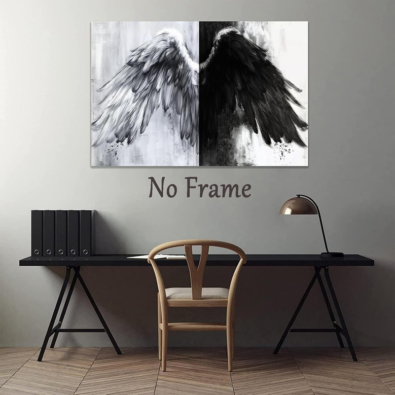 Modern Black & White Angel Wings Canvas Art - Abstract Angel Wing Decor For Living Room Or Bedroom