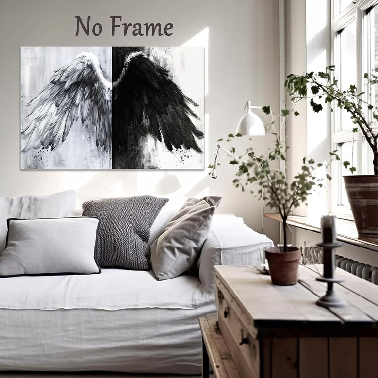 Modern Black & White Angel Wings Canvas Art - Abstract Angel Wing Decor For Living Room Or Bedroom