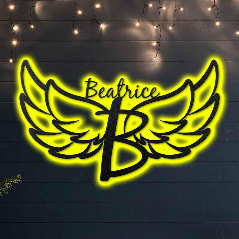 Personalized Angel Wings Metal Sign With LED Light - Outdoor Custom Family Name Decor For Home & Kitchen
