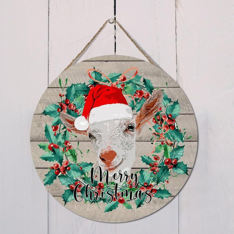 Personalized Farm Animal Wood Goat Sign For Entryway Or Kitchen - Christmas Wreath Design