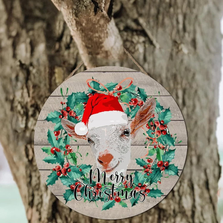 Personalized Farm Animal Wood Goat Sign For Entryway Or Kitchen - Christmas Wreath Design