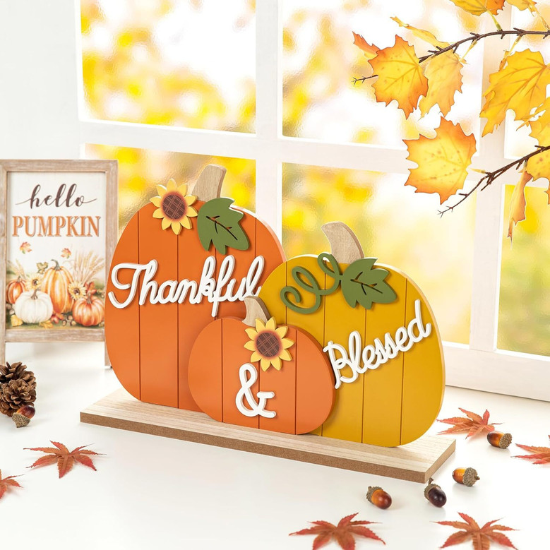 Charming Farmhouse Style Thanksgiving Wall Art - Wooden Pumpkins For Kitchen Table Or Living Room Decor