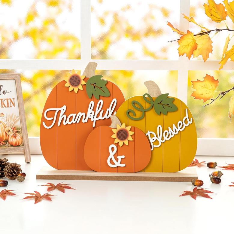 Charming Farmhouse Style Thanksgiving Wall Art - Wooden Pumpkins For Kitchen Table Or Living Room Decor