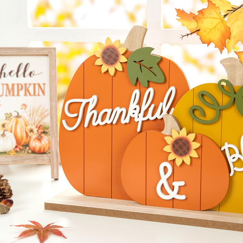 Charming Farmhouse Style Thanksgiving Wall Art - Wooden Pumpkins For Kitchen Table Or Living Room Decor
