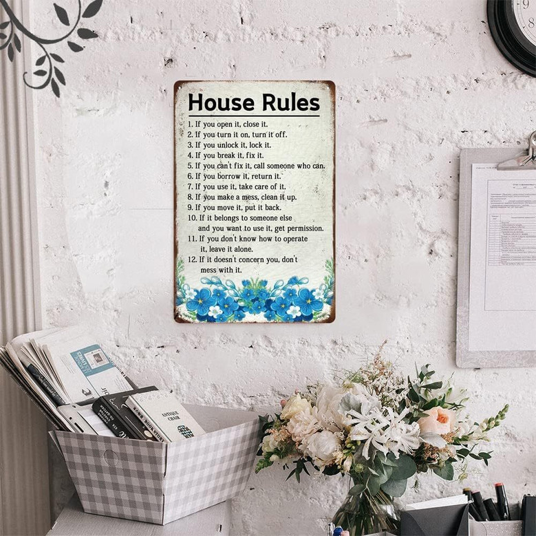 Farmhouse Family Rules Metal Sign For Living Room Inspirational Tin Wall Art Decor